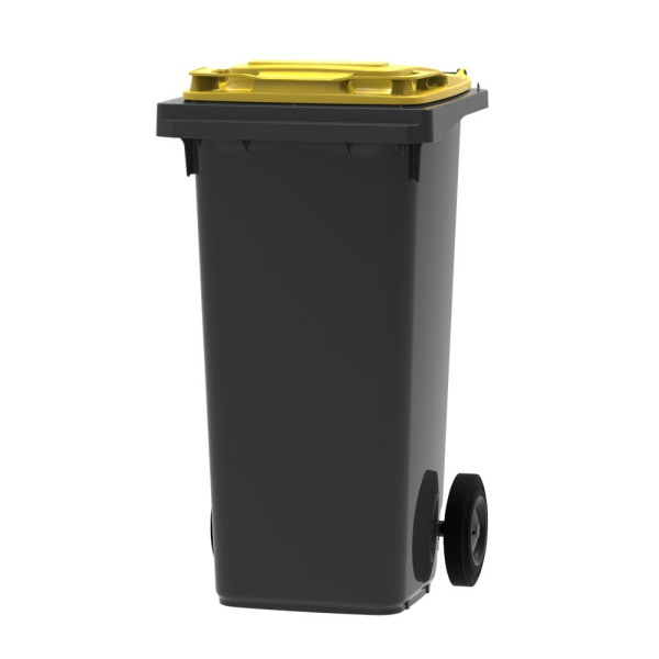 Bac poubelle à déchets 2 roues 120 litres gris couvercle jaune