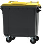 Bac poubelle à déchets 4 roues 770 litres gris avec tourillons couvercle jaune
