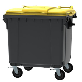 Bac poubelle à déchets 4 roues 1100 litres gris avec tourillons couvercle jaune