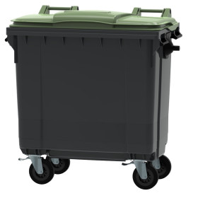 Bac poubelle à déchets 4 roues 770 litres gris avec tourillons couvercle vert