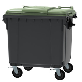 Bac poubelle à déchets 4 roues 1100 litres gris avec tourillons couvercle vert
