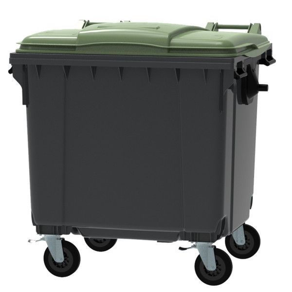 Bac poubelle à déchets 4 roues 1100 litres gris avec tourillons couvercle vert