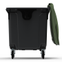 Bac poubelle à déchets 4 roues 1100 litres gris avec tourillons couvercle vert