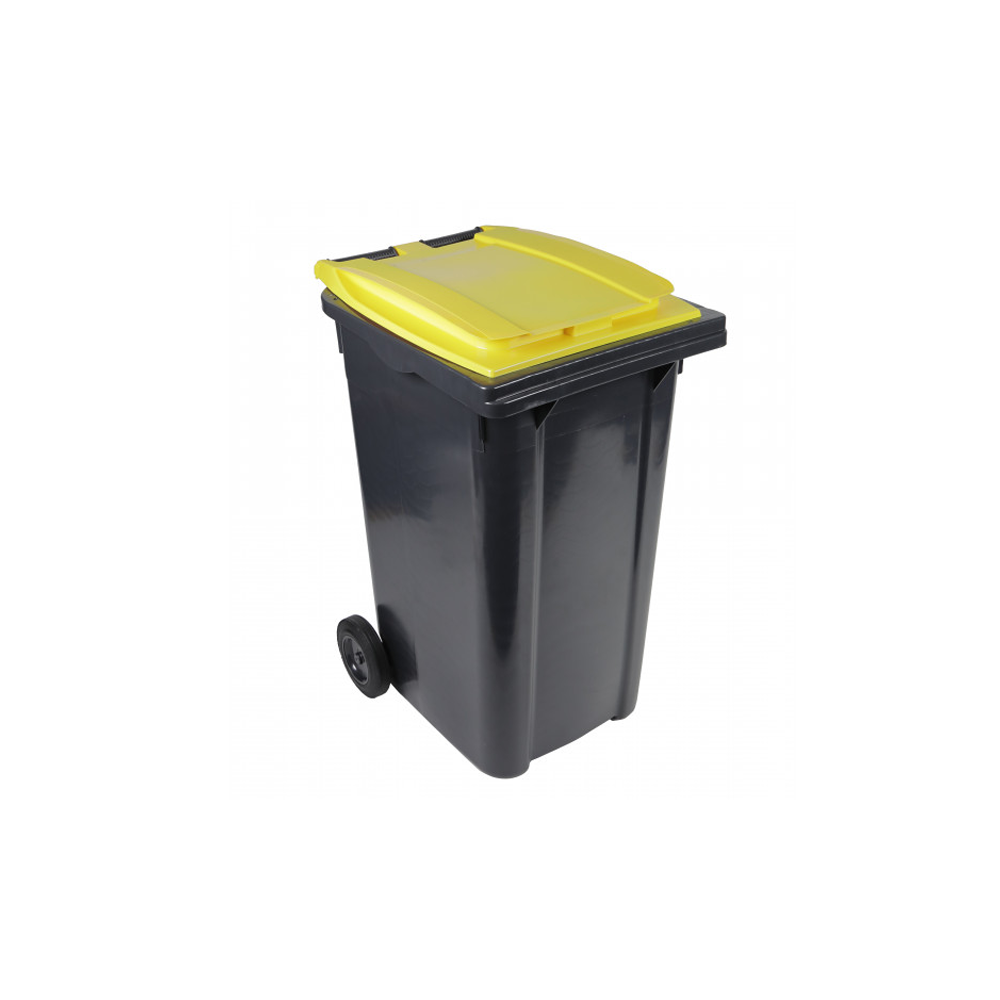 Bac poubelle à déchets 2 roues 180 litres gris couvercle jaune