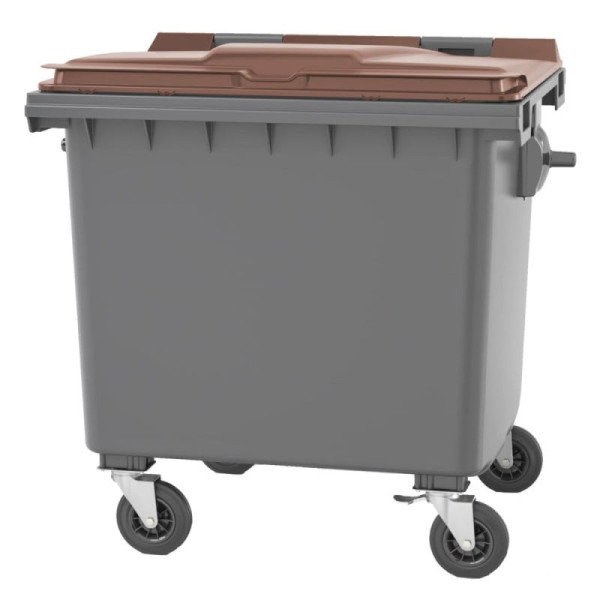 Bac poubelle à déchets 4 roues 1100 litres gris avec tourillons couvercle marron