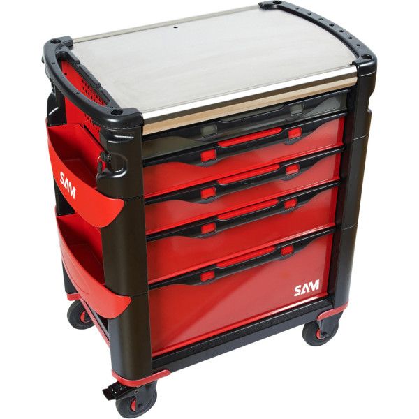 SERVANTE 41 - 5 TIROIRS - ROUGE - PLATEAU INOX - SAM 415H