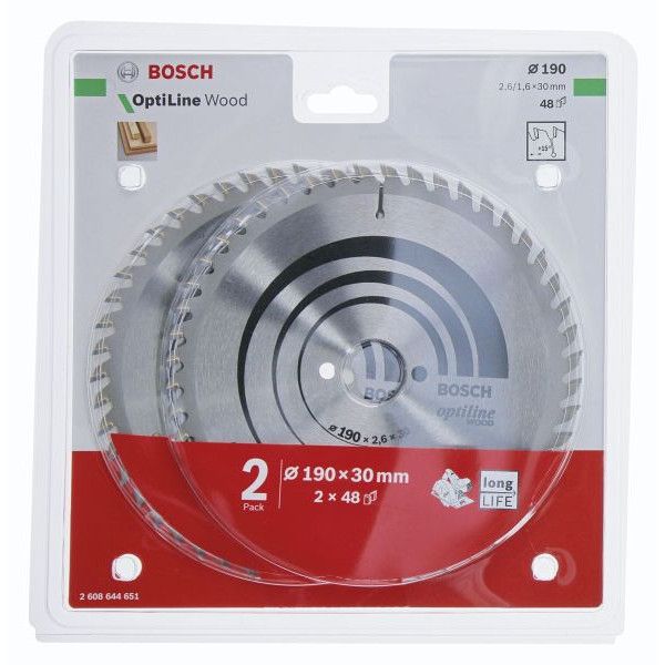 Kit 2 Lames scie circulaire Bois Optiline 190x30mm 48D + Speed 190x30mm 24D