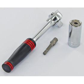 Douille universelle + 1 clé à cliquet + 1 porte douille