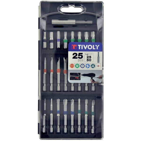 25 pièces -24 embouts longs special vis securité bagués + 1 porte-embout