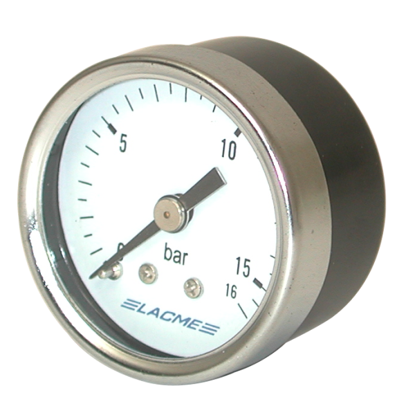 Manomètre 0-16 Bar, Ø40mm, Entrée d'air  1/8"F+R 1/4"M, axial, graduation 0,5bar