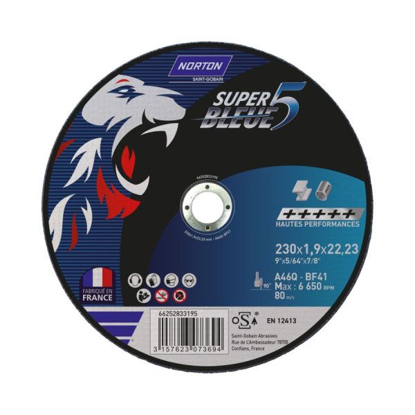 Disque de tronçonnage ultra mince pour acier & inox 230x1.9x22.23mm Norton SUPER BLEUE 5