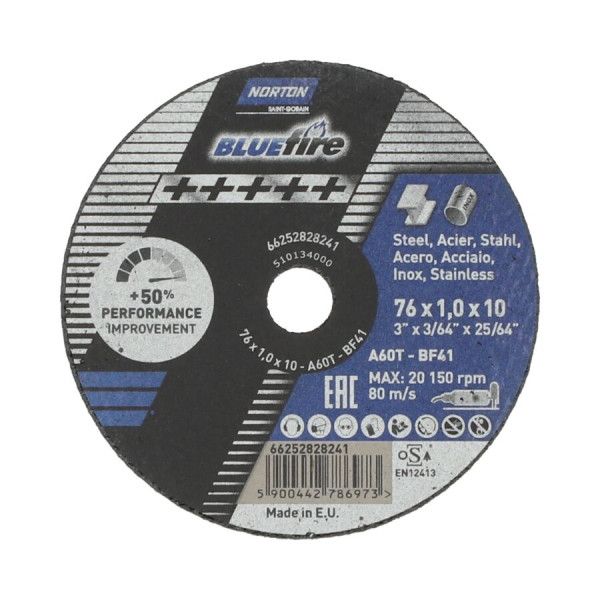 Disque de tronçonnage pour acier & inox 76x1x10mm Norton BLUE FIRE