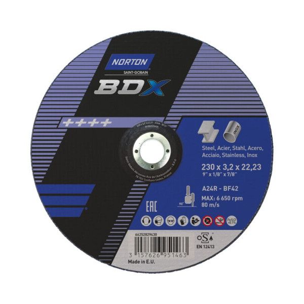 Disque à moyeu déporté de tronçonnage pour acier & inox 230x3.2x22.23mm Norton BDX