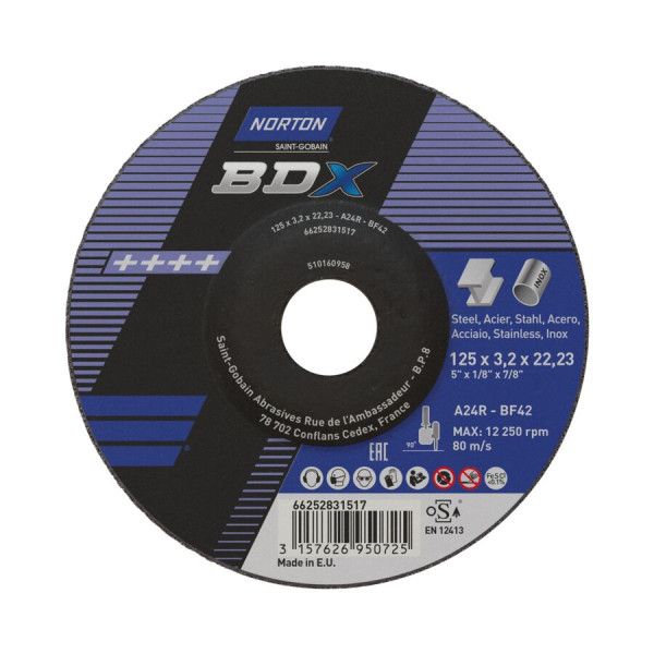Disque à moyeu déporté de tronçonnage pour acier & inox 125x3.2x22.23mm Norton BDX
