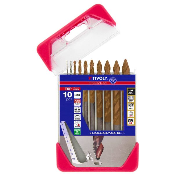 Coffret de 10 forets métaux HSS taillé meulé revêtus FUSIO affûtage Tivoly Smart Point Ø 1 à 10mm
