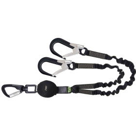 Longe fourche en sangle élastique avec absorbeur d'énergie et 3 mousquetons aluminium, longueur 1,50 m