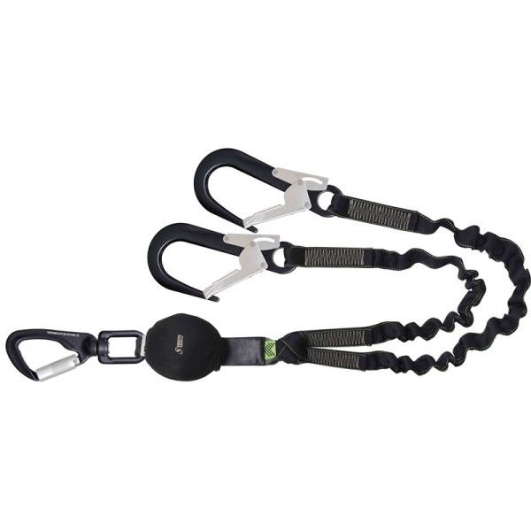 Longe fourche en sangle élastique avec absorbeur d'énergie et 3 mousquetons aluminium, longueur 1,50 m